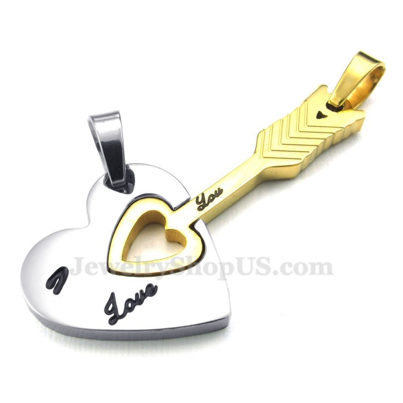 Collar Con Colgante De Pareja De Flechas De Cupido Y Corazones En Titanio Y Oro (Cadena Gratis) (Un Par)