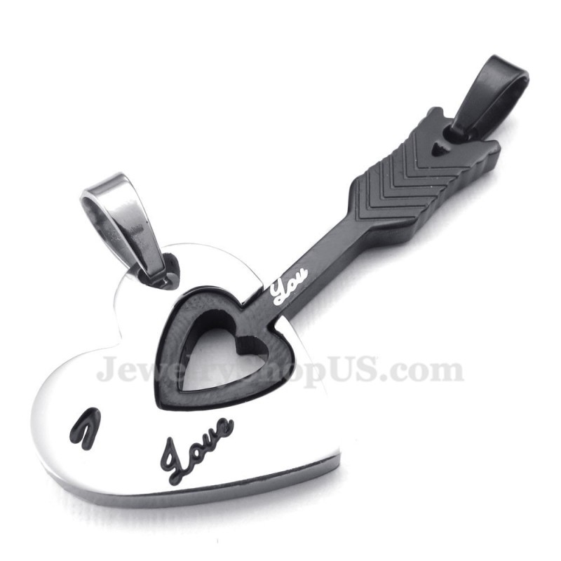 Collar Con Colgante De Pareja De Titanio Negro Con Flecha De Cupido Y Corazones (Cadena Gratis) (Un Par)