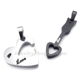 Collar Con Colgante De Pareja De Titanio Negro Con Flecha De Cupido Y Corazones (Cadena Gratis) (Un Par)