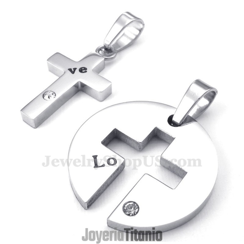 Collar Con Colgante De Cruz De Plata Y Titanio Para Parejas (Cadena Gratis) (Un Par)