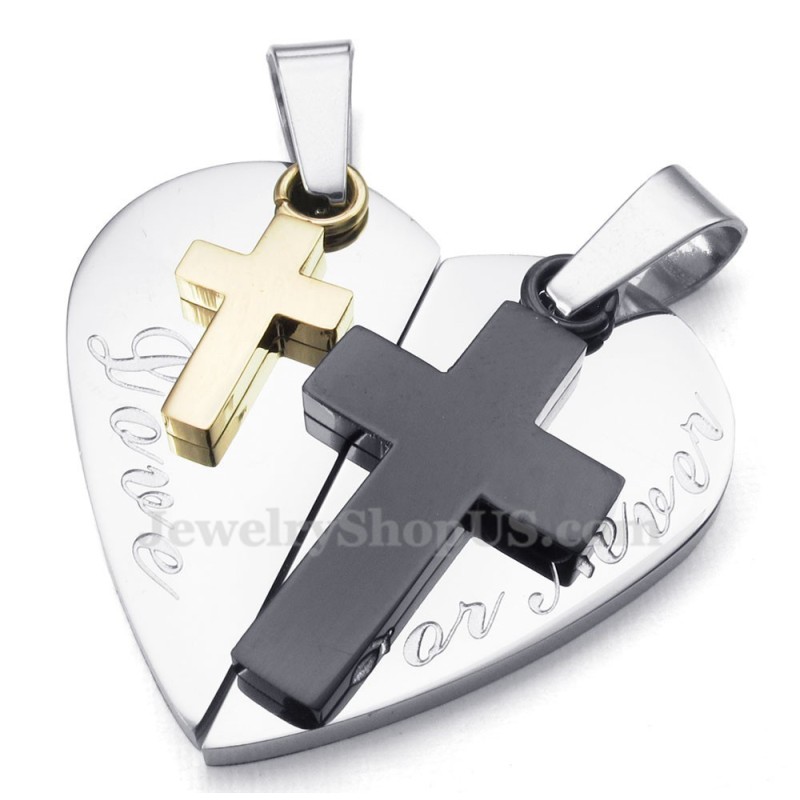 Collar De Titanio Con Colgante De Pareja En Forma De Corazón Y Doble Cruz (Cadena Gratis) (Un Par)