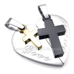 Collar De Titanio Con Colgante De Pareja En Forma De Corazón Y Doble Cruz (Cadena Gratis) (Un Par)