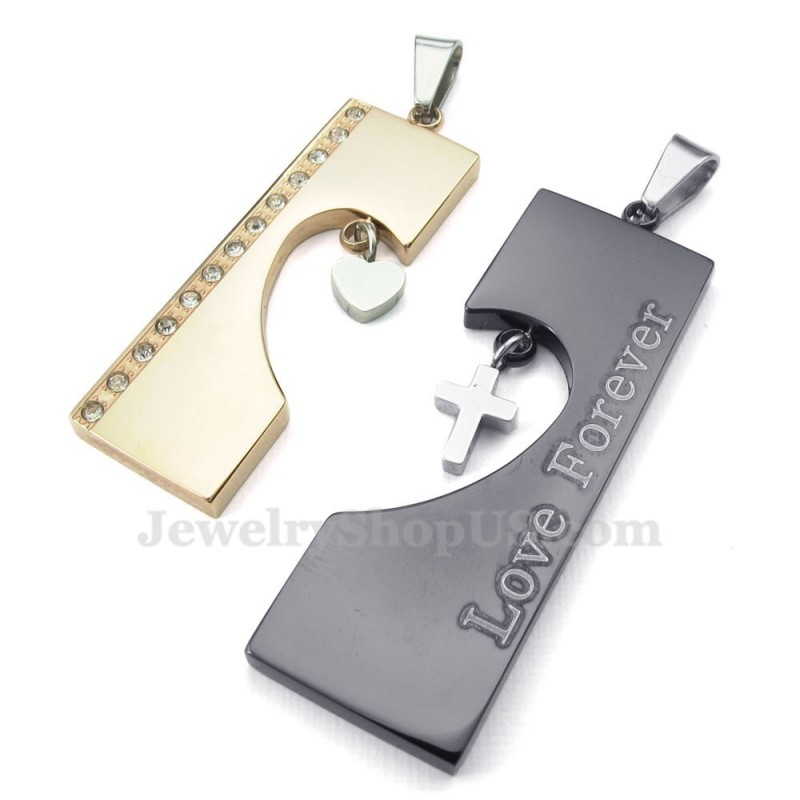 Collar Con Colgante De Pareja De Corazones De Titanio De Dos Colores (Cadena Gratis) (Un Par)