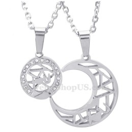 Collar Con Colgante De Luna Y Estrellas Para Parejas, De Titanio Y Plata (Cadena Gratis) (Un Par)