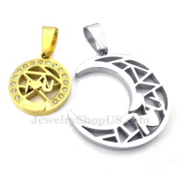 Collar Con Colgante De Luna Y Estrellas En Titanio Dorado Para Parejas (Cadena Gratis) (Un Par)
