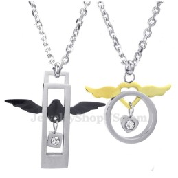 Collar Con Colgante De Alas De Titanio Y Corazones Para Parejas (Cadena Gratis) (Un Par)