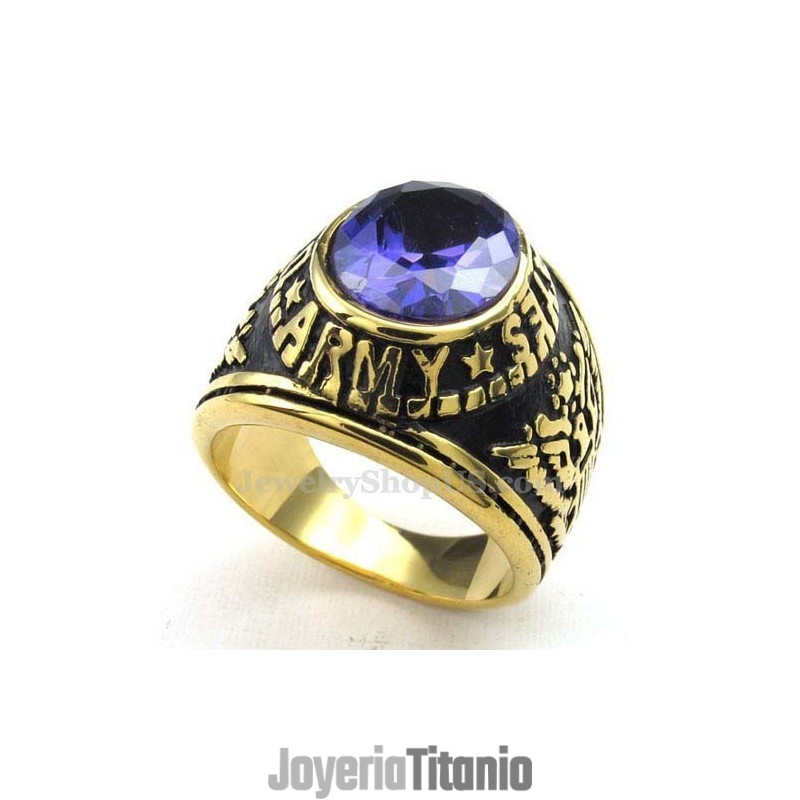 Anillo De Titanio Dorado Con Circonita Azul