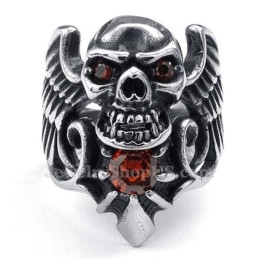 Anillo De Titanio Con Forma De Calavera Y Circón Rojo
