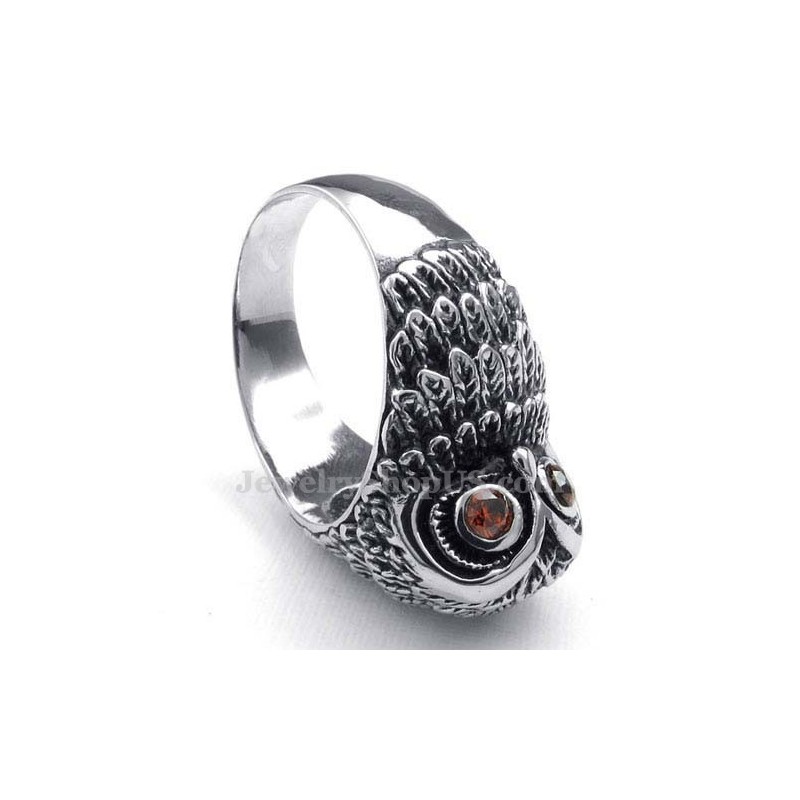 Anillo De Búho De Titanio Con Ojos De Circonita Roja
