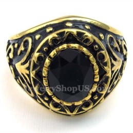 Anillo De Titanio Dorado Con Circonita Negra