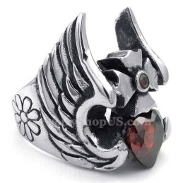 Anillo De Titanio Con Cruz De Plumas Y Circonita Roja