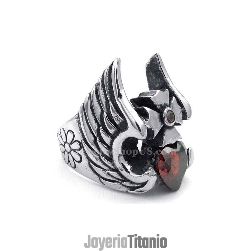 Anillo De Titanio Con Cruz De Plumas Y Circonita Roja