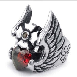 Anillo De Titanio Con Cruz De Plumas Y Circonita Roja