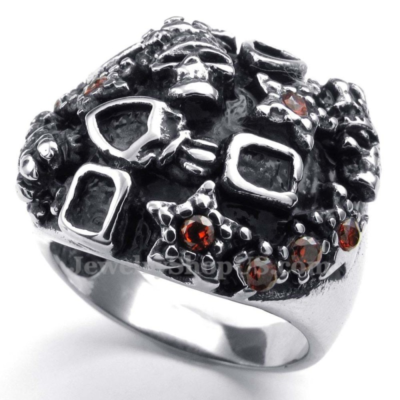 Anillo De Calavera De Titanio Con Circonita Roja