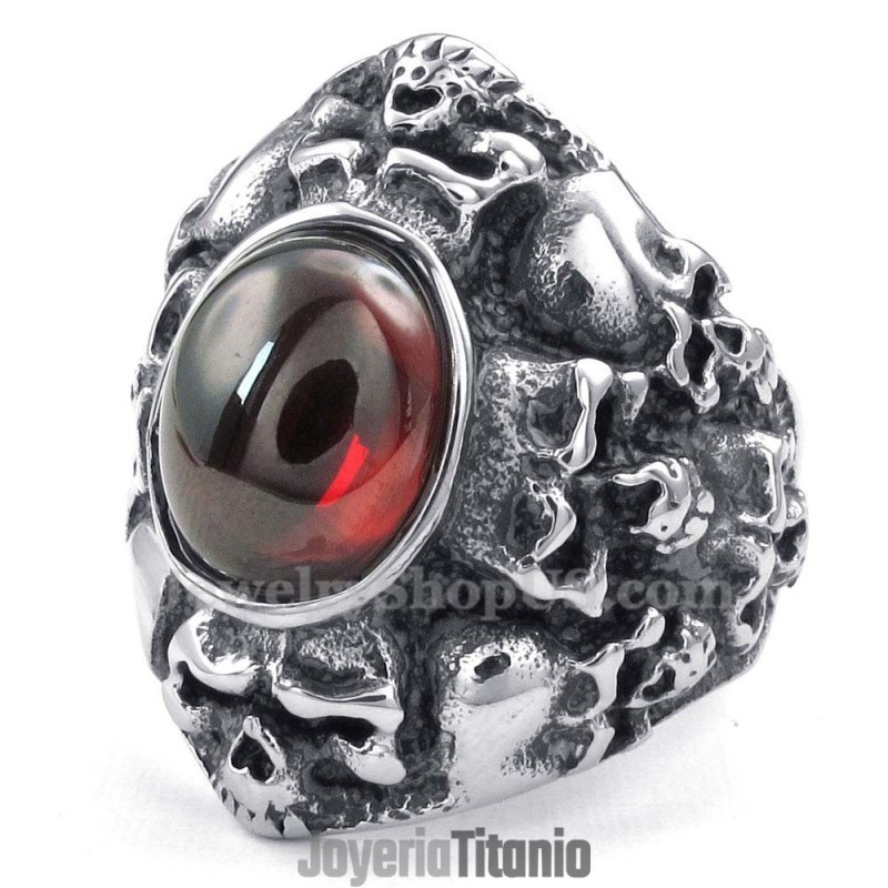 Anillo De Calavera De Titanio Con Circonita Roja