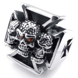 Anillo De Calavera Cruzada De Titanio Con Ojos De Circonita Roja