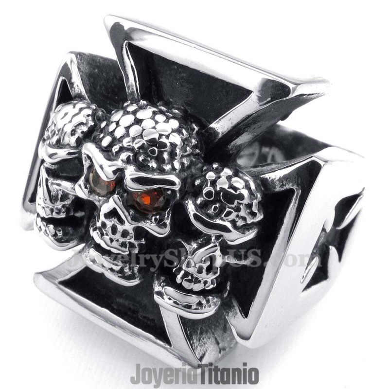 Anillo De Calavera Cruzada De Titanio Con Ojos De Circonita Roja