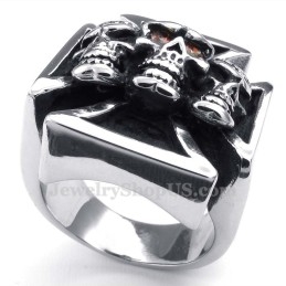 Anillo De Calavera Cruzada De Titanio Con Ojos De Circonita Roja