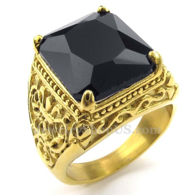 Anillo De Titanio Dorado Con Circonita Negra