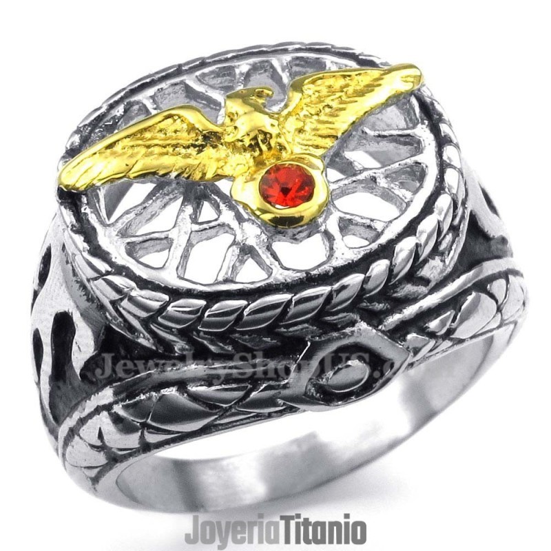 Anillo De Águila De Titanio Dorado Con Circonita Roja