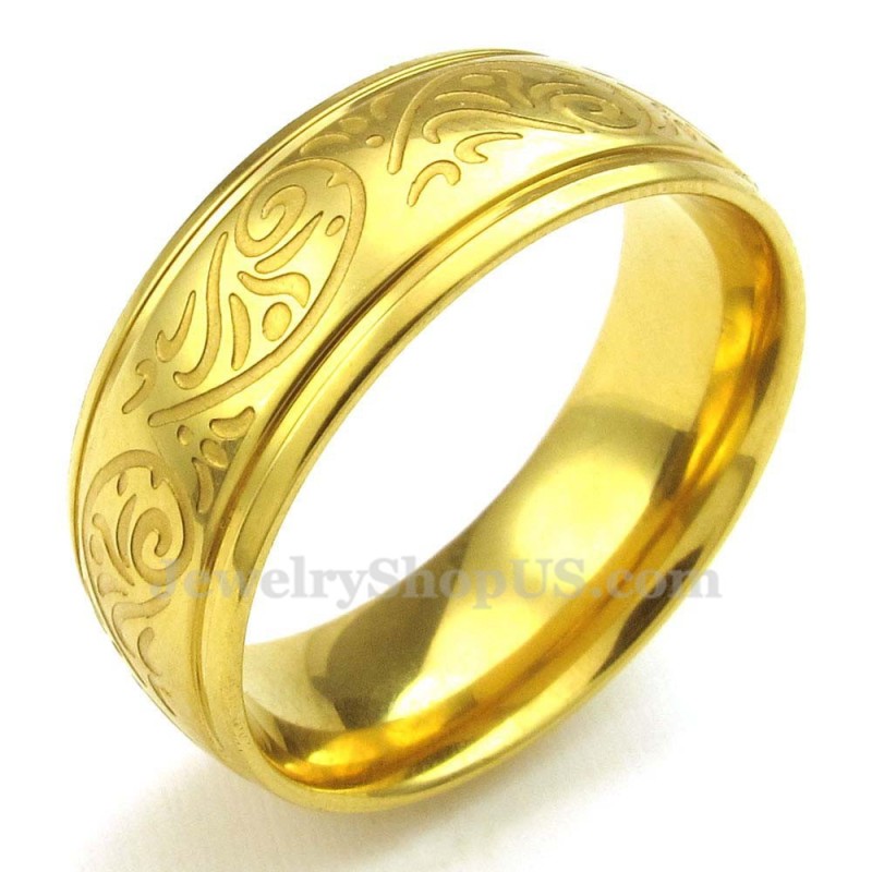 Anillo De Titanio Dorado Con Diseño Floral Redondo