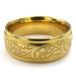 Anillo De Titanio Dorado Con Diseño Floral Redondo