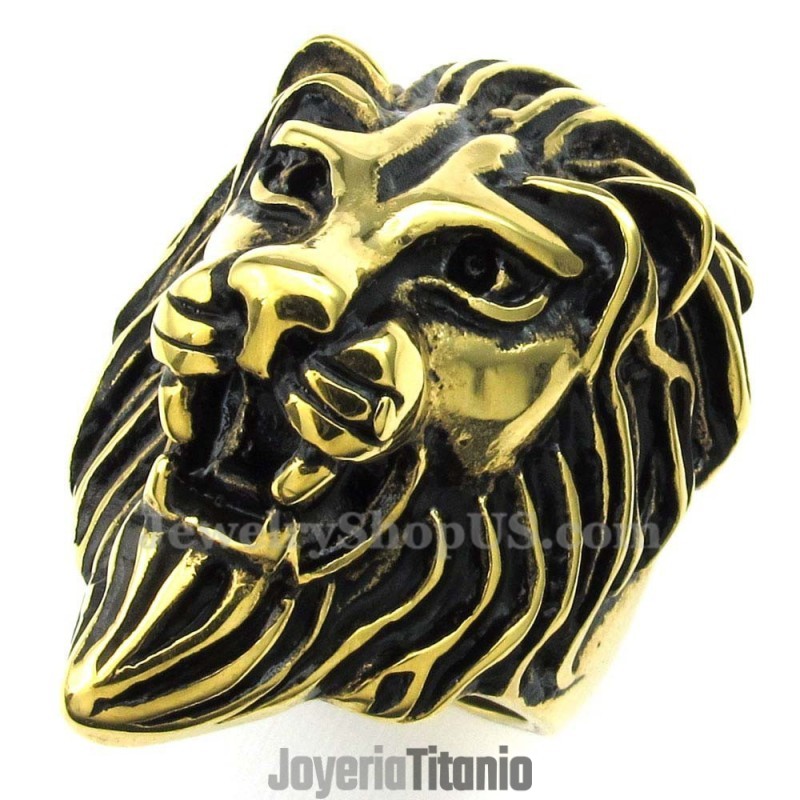 Anillo De Cabeza De León De Titanio Dorado