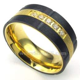 Anillo De Titanio Negro Dorado Con Circonita Blanca