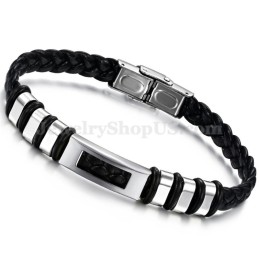 Pulsera De Cuero Y Titanio Negro Y Plata Para Hombre C767