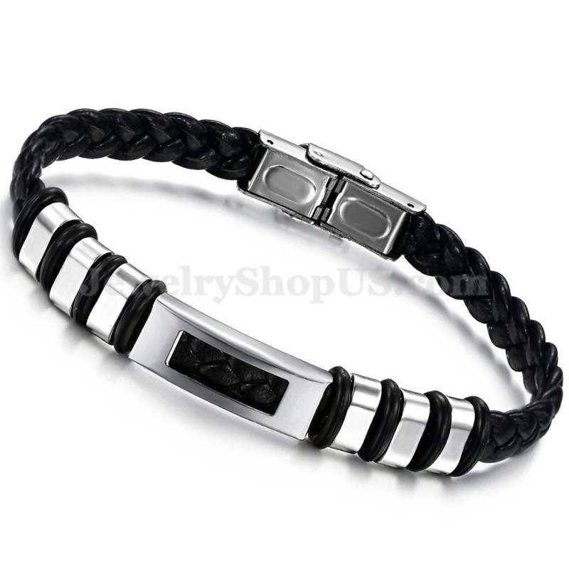 Pulsera De Cuero Y Titanio Negro Y Plata Para Hombre C767