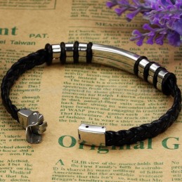 Pulsera De Cuero Y Titanio Negro Y Plata Para Hombre C767
