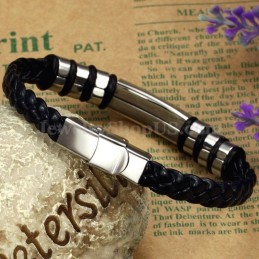 Pulsera De Cuero Y Titanio Negro Y Plata Para Hombre C767