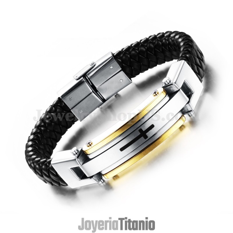 Pulsera De Cuero Y Titanio Con Cruz Para Hombre C916 Pulsera De Cuero Y Titanio Con Cruz Para Hombre C916