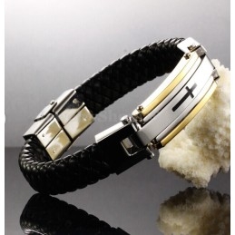 Pulsera De Cuero Y Titanio Con Cruz Para Hombre C916