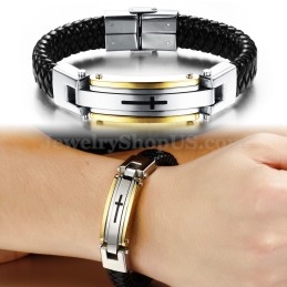 Pulsera De Cuero Y Titanio Con Cruz Para Hombre C916