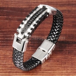Elegante Pulsera De Cuero Y Titanio Para Hombre C993