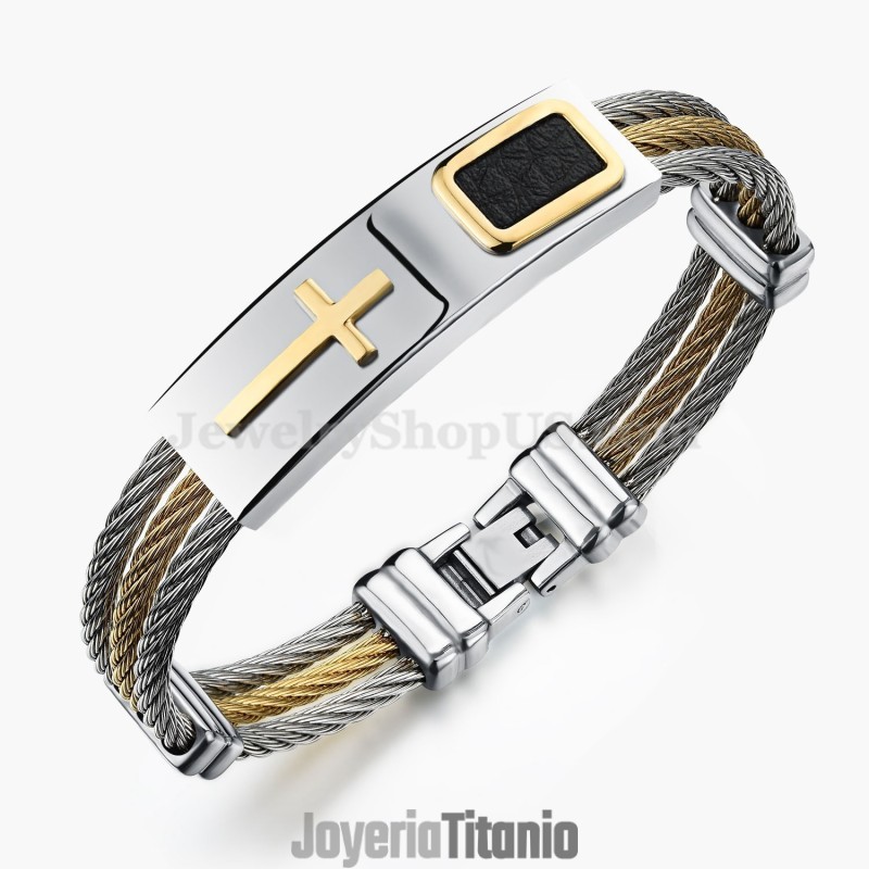 Pulsera De Titanio Con Cruz De Oro Para Hombre C785 Pulsera De Titanio Con Cruz De Oro Para Hombre C785