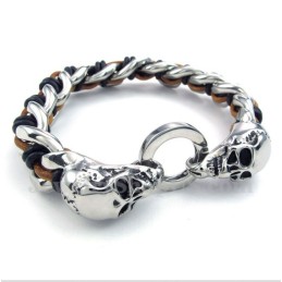 Pulsera De Cuero Con Calavera De Titanio Para Hombre