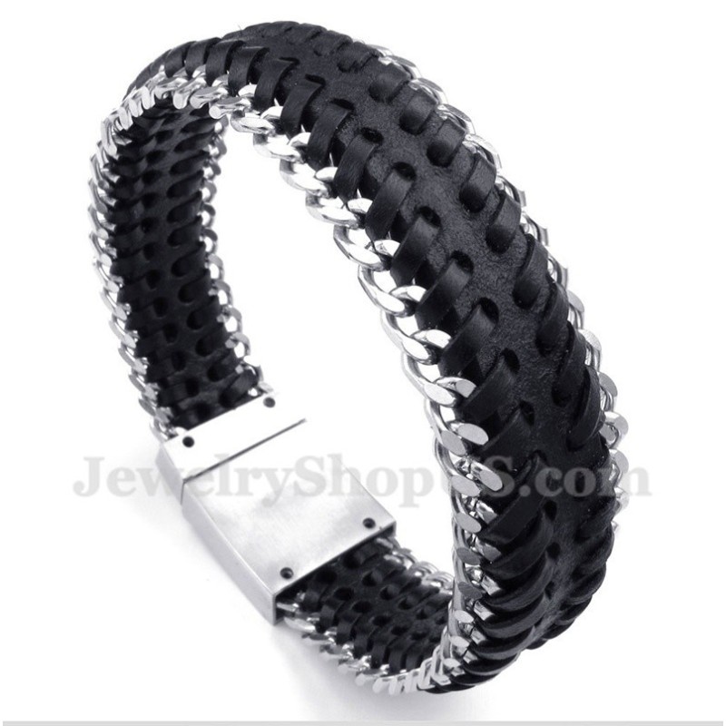 Pulsera De Cuero Negro De Titanio Para Hombre