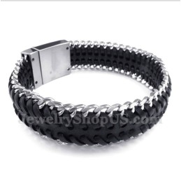 Pulsera De Cuero Negro De Titanio Para Hombre
