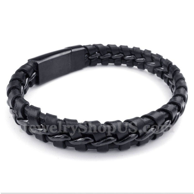 Pulsera De Cuero Negro De Titanio Para Hombre