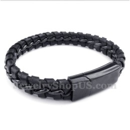 Pulsera De Cuero Negro De Titanio Para Hombre