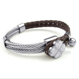 Pulsera De Titanio Y Cuero Con Trébol Para Hombre