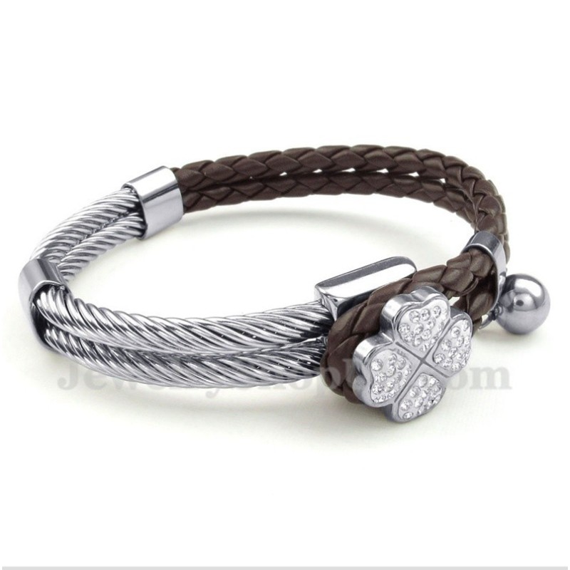 Pulsera De Titanio Y Cuero Con Trébol Para Hombre