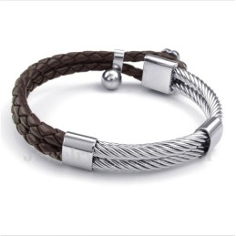Pulsera De Titanio Y Cuero Con Trébol Para Hombre