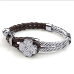 Pulsera De Titanio Y Cuero Con Trébol Para Hombre