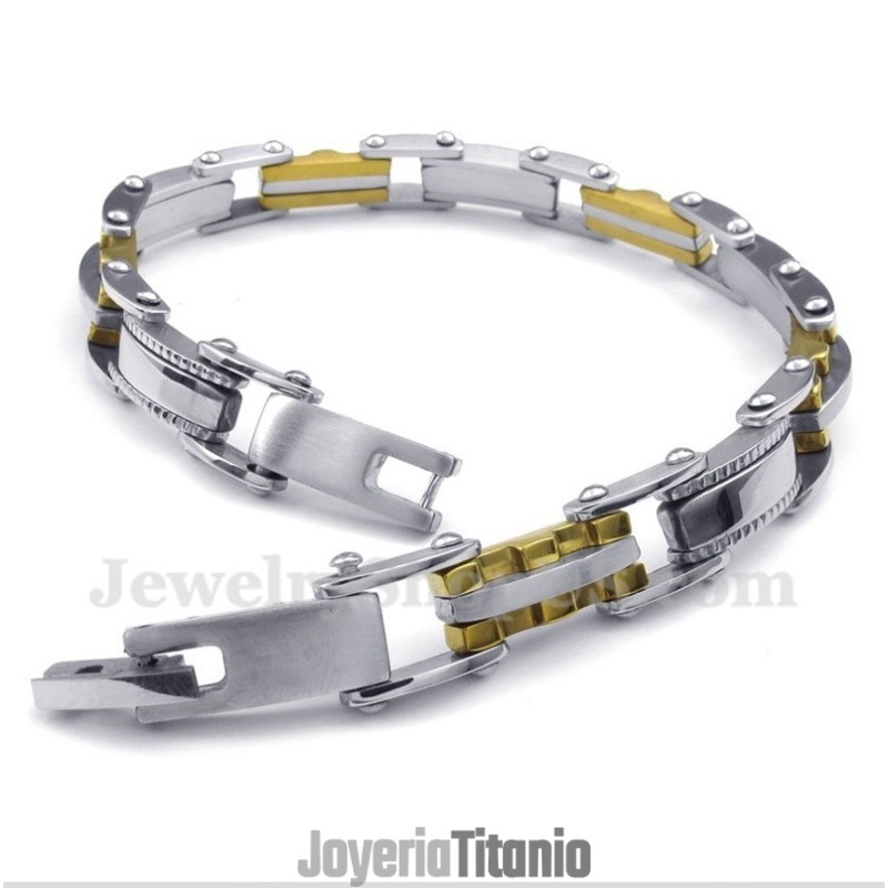 Pulsera Dentada De Titanio Y Oro Para Hombre