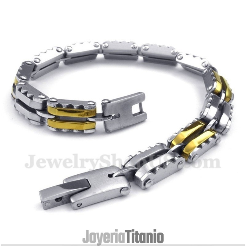 Pulsera Dentada De Titanio Y Oro Para Hombre Pulsera Dentada De Titanio Y Oro Para Hombre