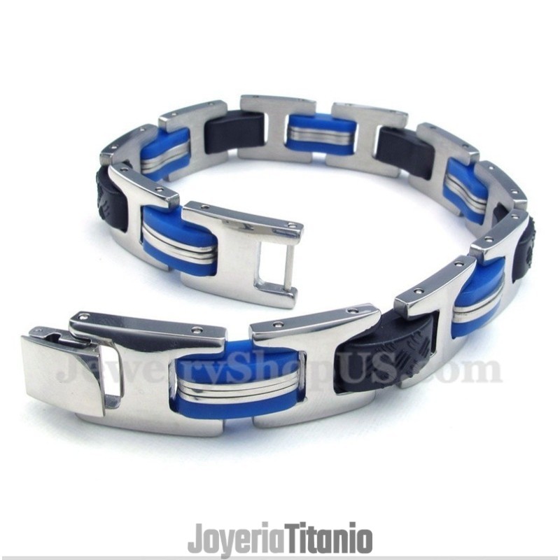 Pulsera De Caucho Azul Y Negro De Titanio Para Hombre Pulsera De Caucho Azul Y Negro De Titanio Para Hombre