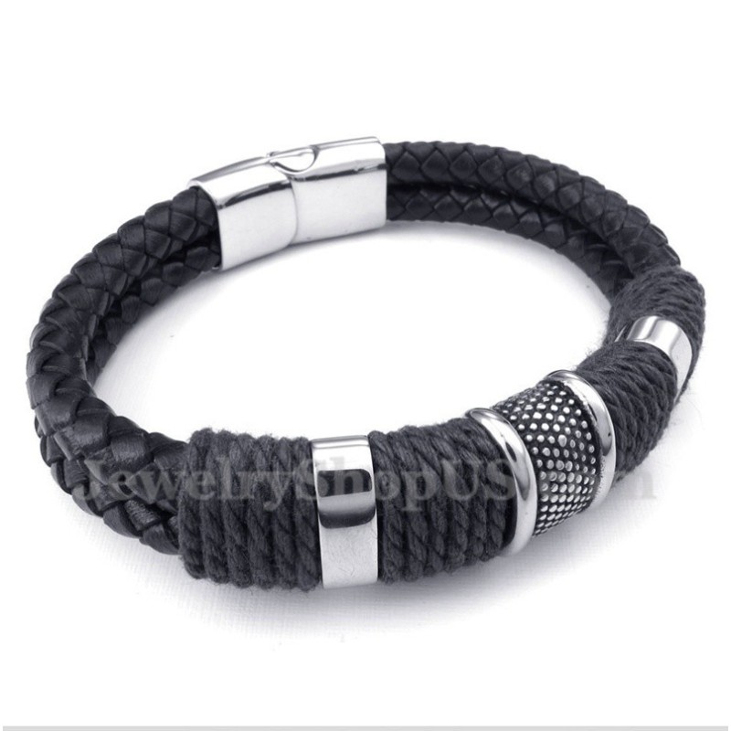 Pulsera De Cuero Negro De Titanio Para Hombre